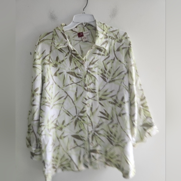 JM Collection Green Brown Floral 100% Linen 3/4 Sleeves Button Up Blouse size 16 - Picture 5 of 6